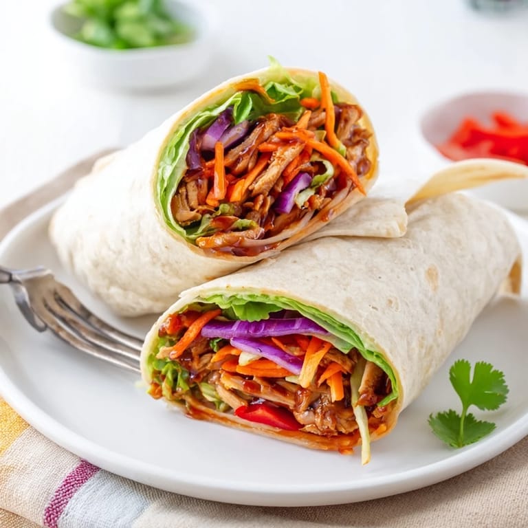 Freshly assembled honey sriracha chicken wrap served on a plate with extra sauce drizzled over the top for a satisfying fusion meal.