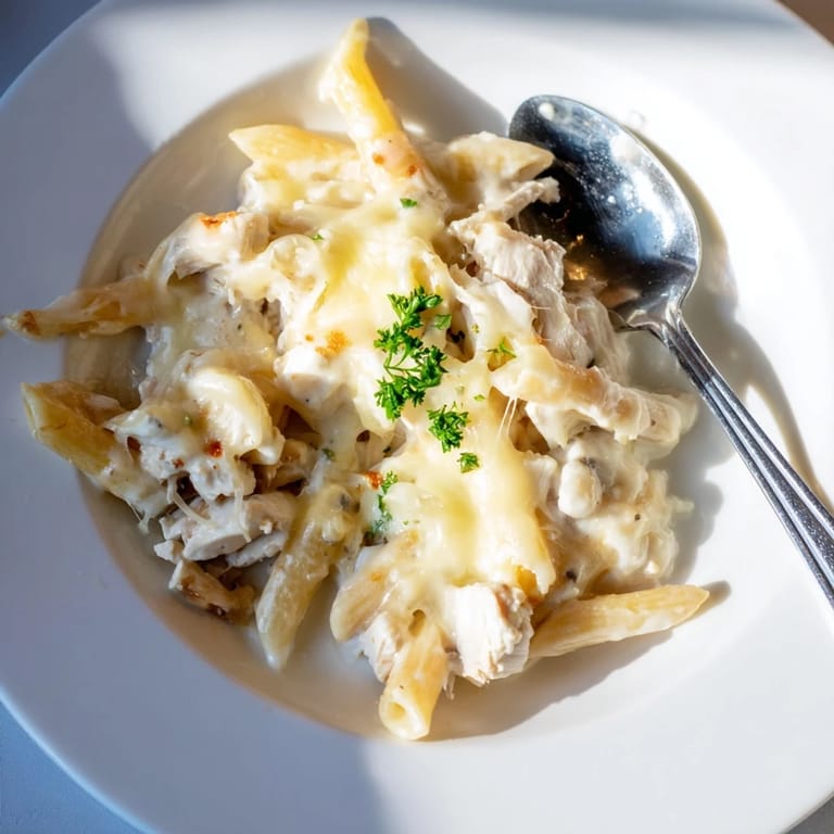 Steaming Chicken Alfredo Casserole with penne, tender chicken, and creamy Parmesan sauce ready to serve.  