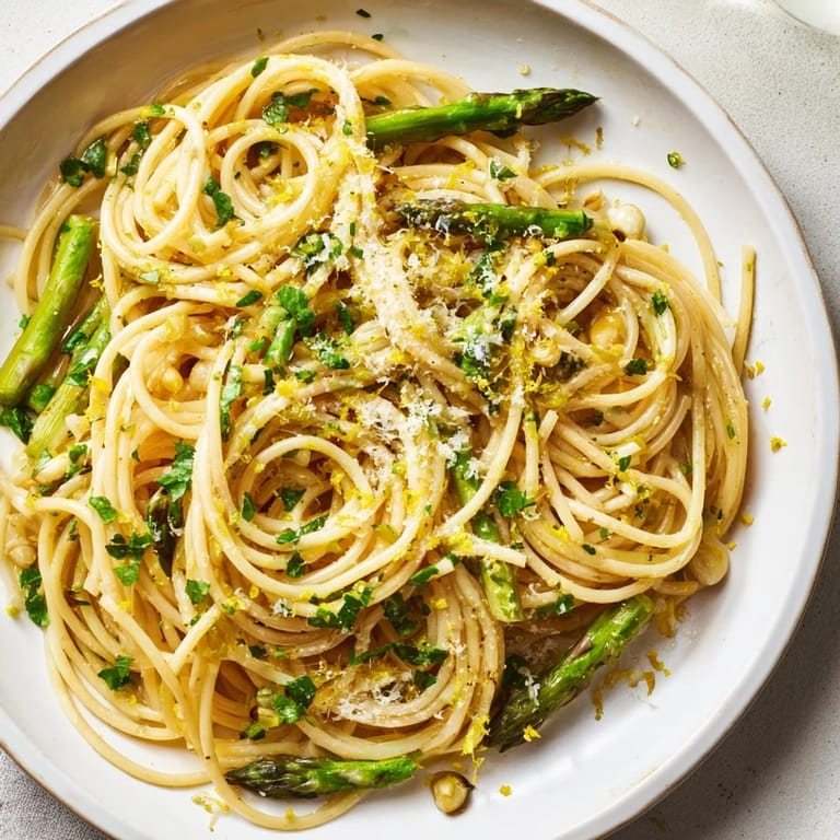 Twirling strands of Roasted Garlic & Asparagus Pasta served in a white bowl, ready to enjoy.