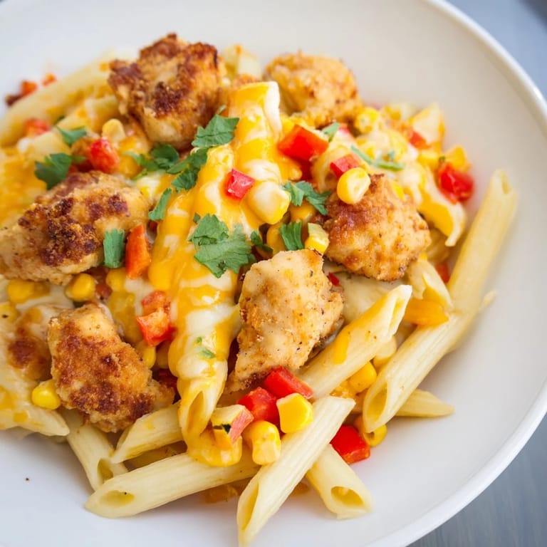 Crispy Chicken Burrito Pasta served in a skillet with sour cream, lime wedges, and spring onions, ready for a Tex-Mex weeknight dinner.  