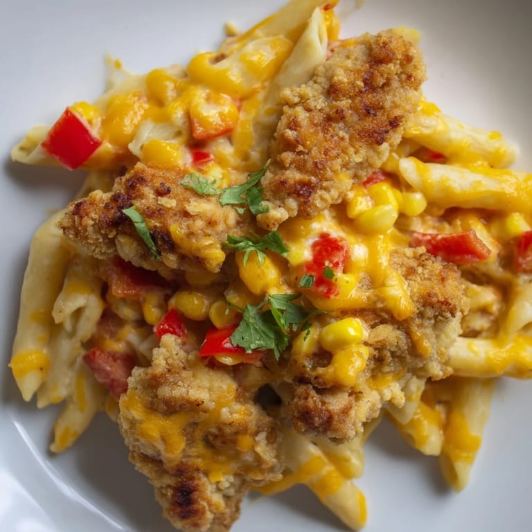 Steaming bowl of Crispy Chicken Burrito Pasta featuring golden chicken, gooey melted cheese, and colorful vegetables, garnished with fresh cilantro.