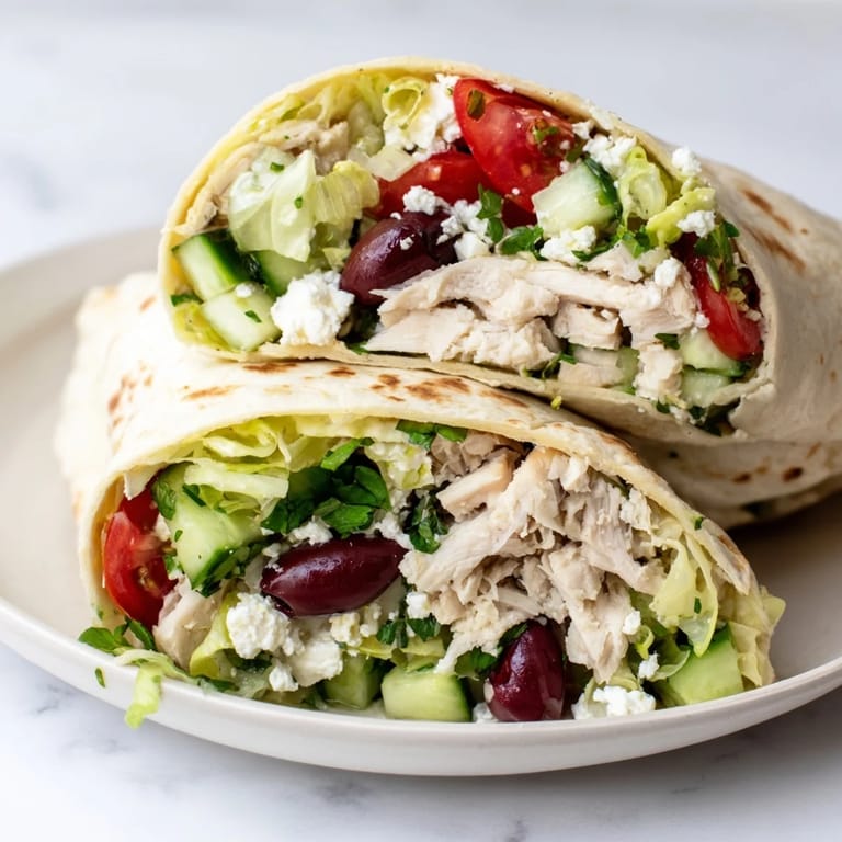 A close-up view of a sliced Greek Lemon Chicken Salad Wrap showing juicy chicken, colorful tomatoes, cucumbers, and tangy feta inside.  