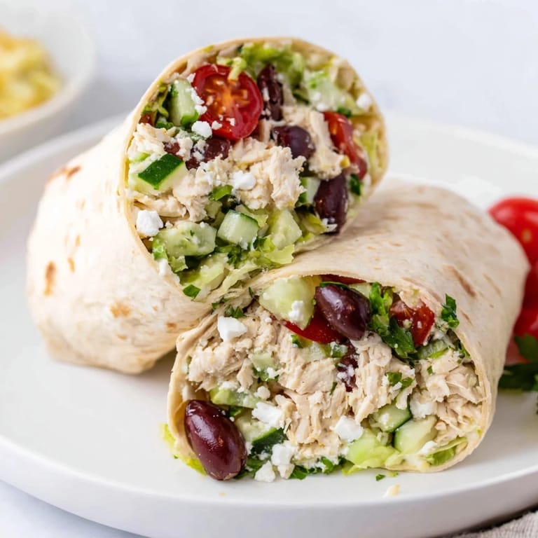 Ready-to-eat Mediterranean lunch wrap with lemon-marinated chicken, Kalamata olives, and fresh parsley on a soft tortilla.