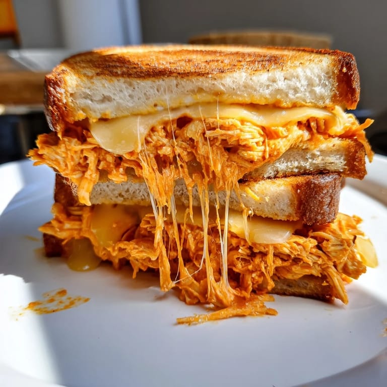 A close-up of Buffalo Chicken Ranch Grilled Cheese dripping with ranch and spicy buffalo chicken filling.
