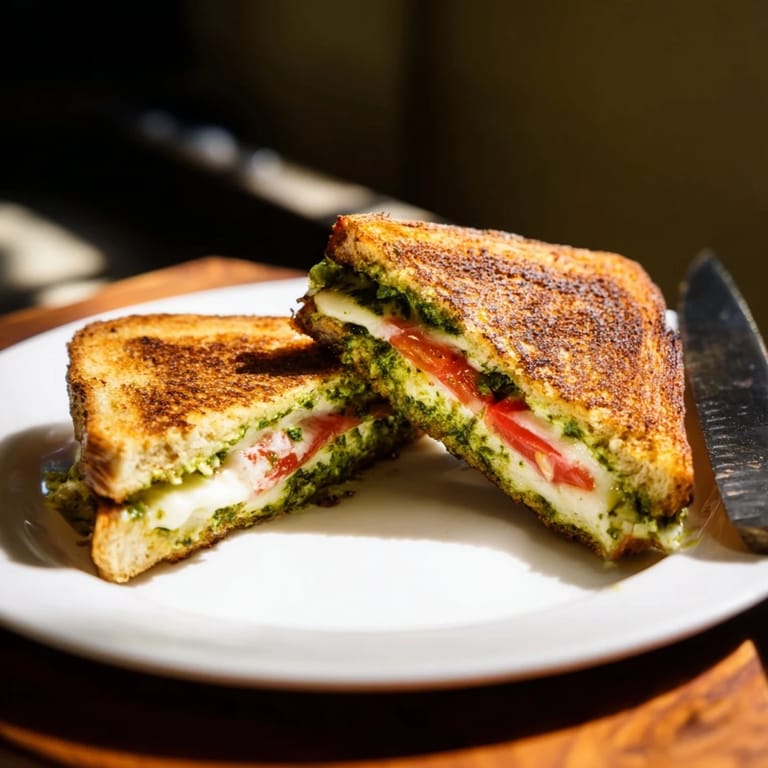 Caprese Pesto Grilled Cheese sandwich cut diagonally, revealing layers of fresh mozzarella, juicy tomatoes, and green basil leaves.  