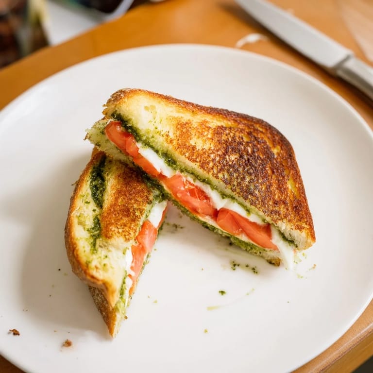 A close-up of a golden-brown Caprese Pesto Grilled Cheese, steam rising from melted cheese and fresh tomato rounds.