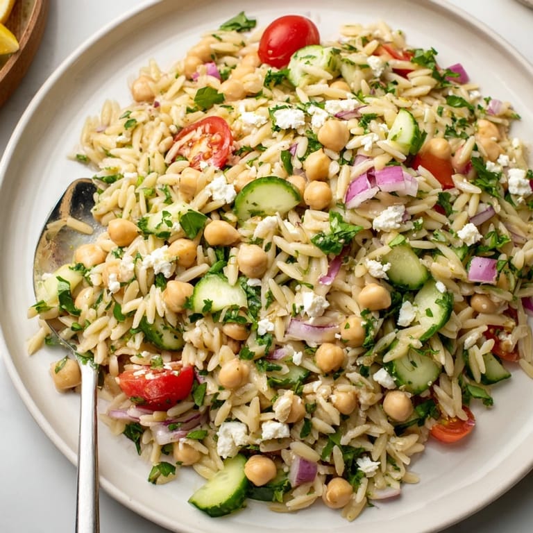 The Lemony Chickpea Orzo Salad features vibrant herbs, crumbled feta, and a light lemon vinaigrette on a rustic wooden table. 