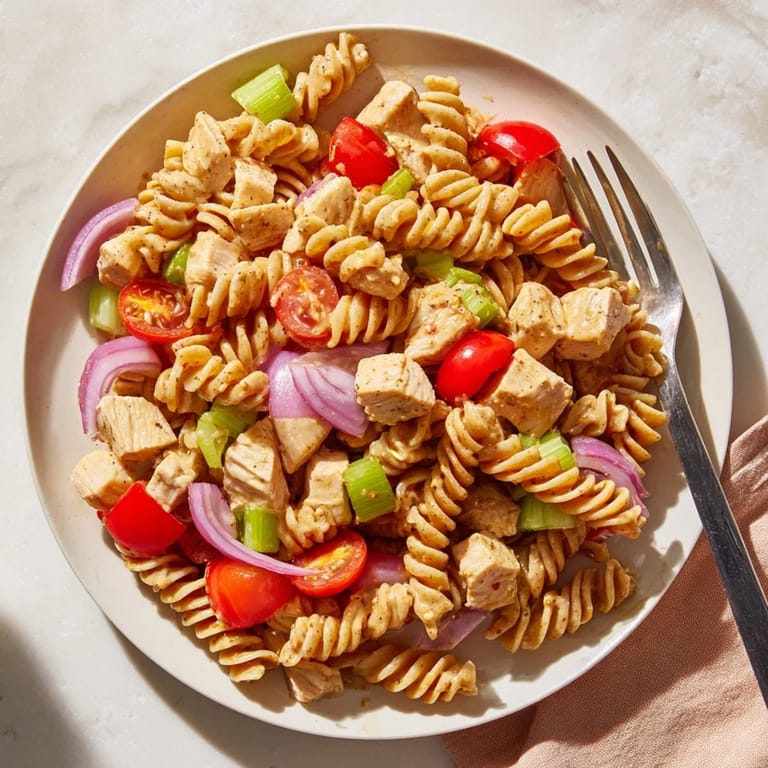 This easy Honey Mustard Chicken Pasta Salad is perfect for a light meal, with colorful diced bell pepper and fresh parsley garnish on a bed of mixed greens.