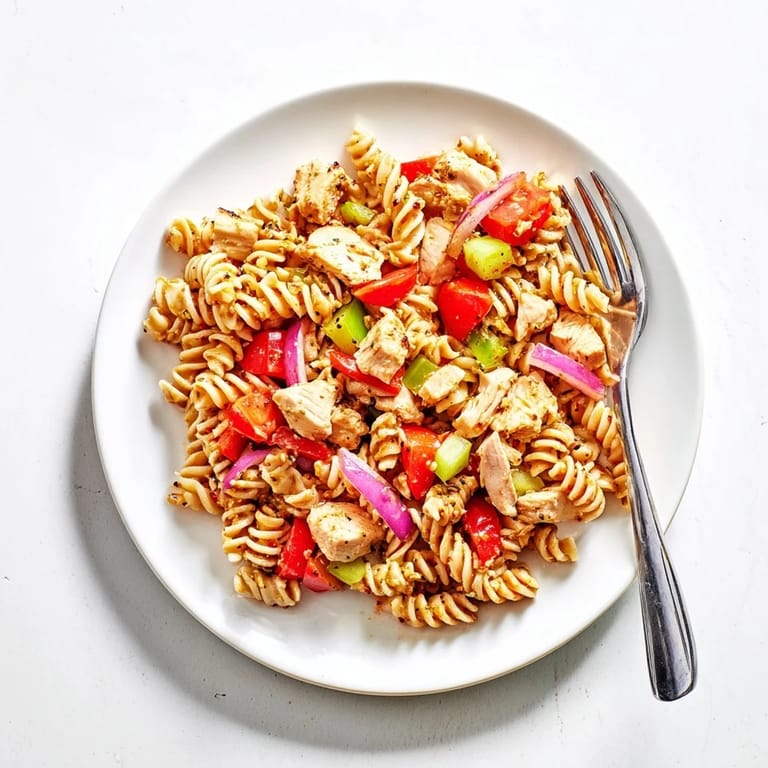 Serving suggestion: a chilled bowl of Honey Mustard Chicken Pasta Salad, highlighting juicy chicken, crunchy celery, and a sweet tangy dressing ideal for summer picnics or potlucks.