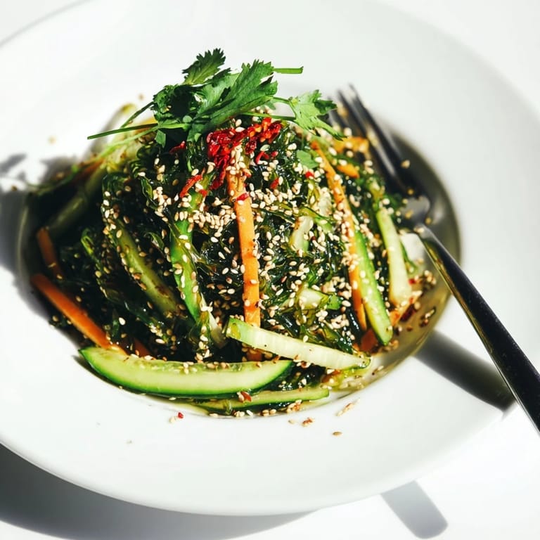 Colorful Japanese Seaweed Salad showcasing tender seaweed, bright carrot shreds, and scallions, tossed in a sweet and tangy sesame-ginger vinaigrette.