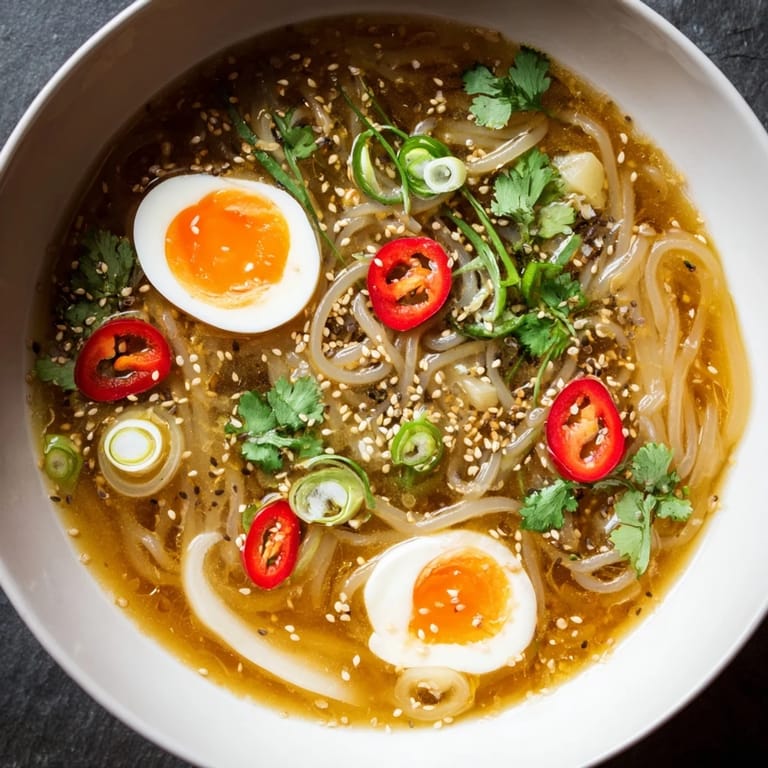 In this savory Shirataki Noodles With Broth, thin white noodles soak up a ginger-and-garlic-infused broth, topped with sliced red chili and herbs.