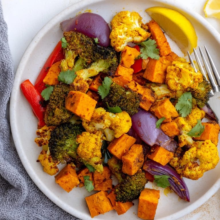 Anti-Inflammatory Turmeric Roasted Vegetables served warm over fluffy quinoa, garnished with lemon and cilantro.
