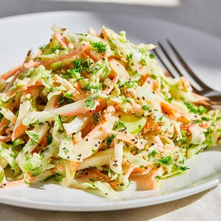 Easy Green Cabbage and Apple Slaw tossed with a honey mustard dressing, garnished with parsley and poppy seeds for crunch.