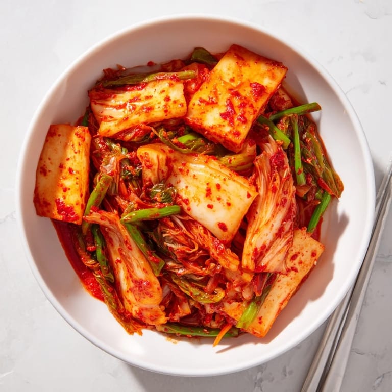 Freshly made kimchi with spicy red chili paste coating crisp napa cabbage and julienned daikon radish.  