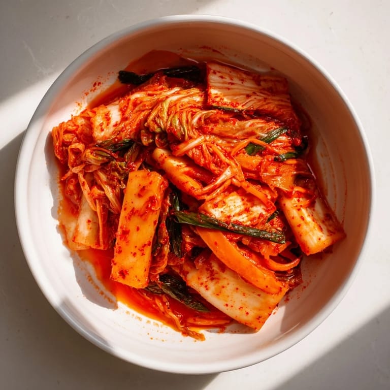 Homemade kimchi in a clear jar, with bright orange-red spice paste and crunchy vegetables inside.