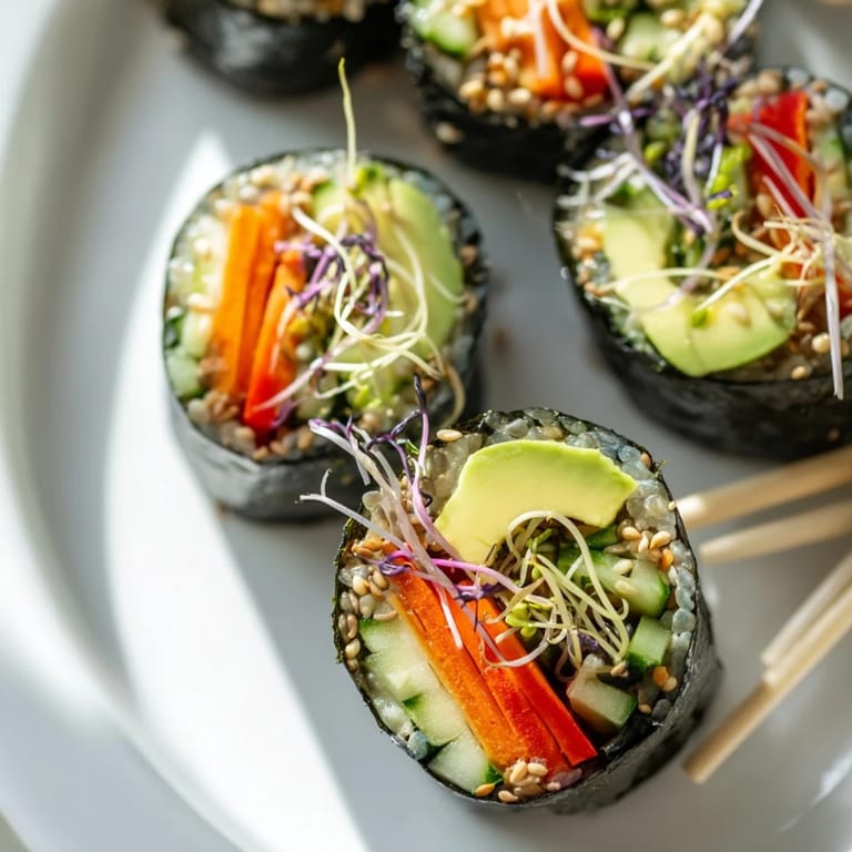Close-up of Nori Rolls with Vegetables displaying vibrant carrot, bell pepper, and sprouts.