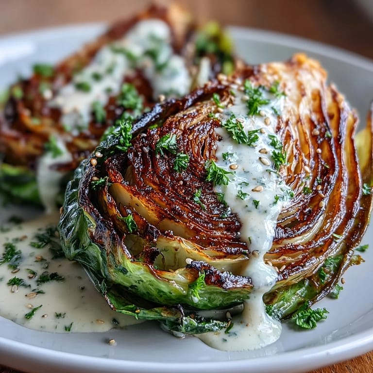 Golden roasted cabbage steaks on a platter, garnished with toasted sesame seeds and parsley, paired with a tangy tahini sauce.
