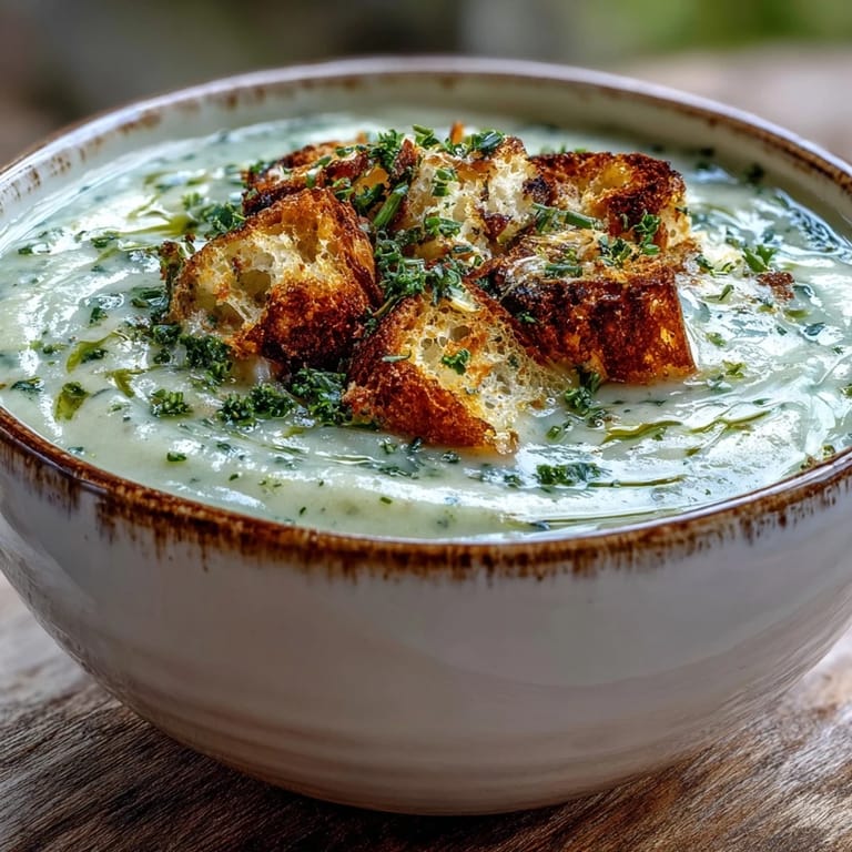 Rich, golden garlic and herb soup ladle over toasted croutons, flecked with fresh thyme and drizzled with olive oil.