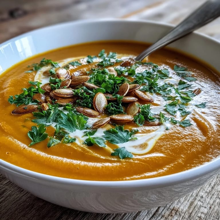 A ladle pours velvety pumpkin soup into a bowl alongside crusty artisan bread for a cozy autumn lunch.