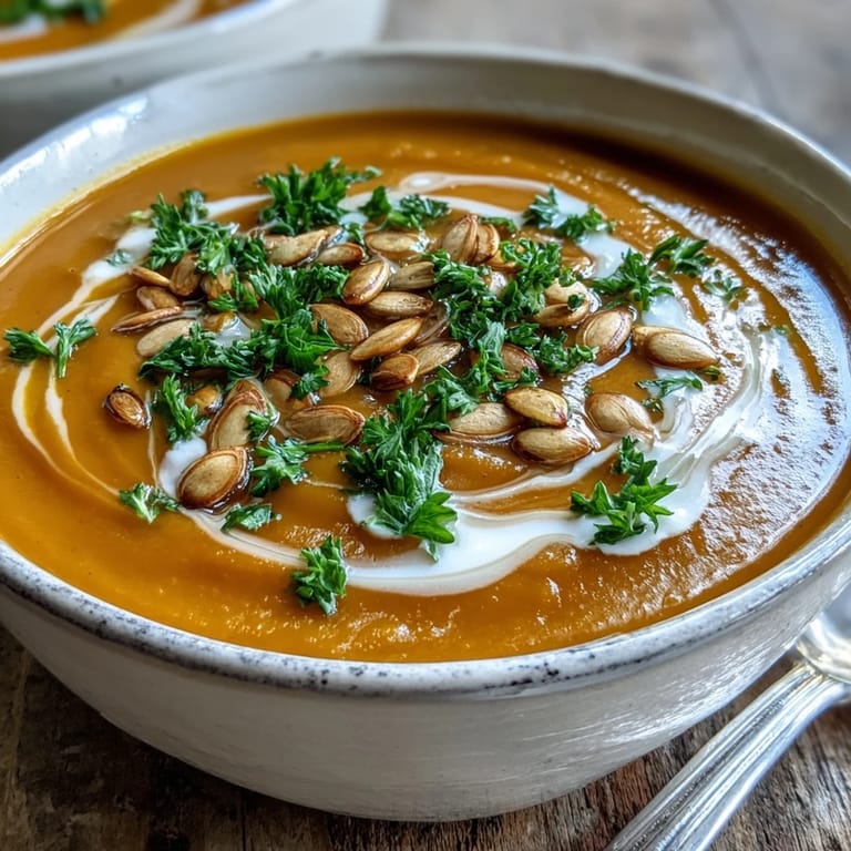 Steaming pumpkin soup with warm spices is served in a white ceramic bowl with fresh chives and seeds.
