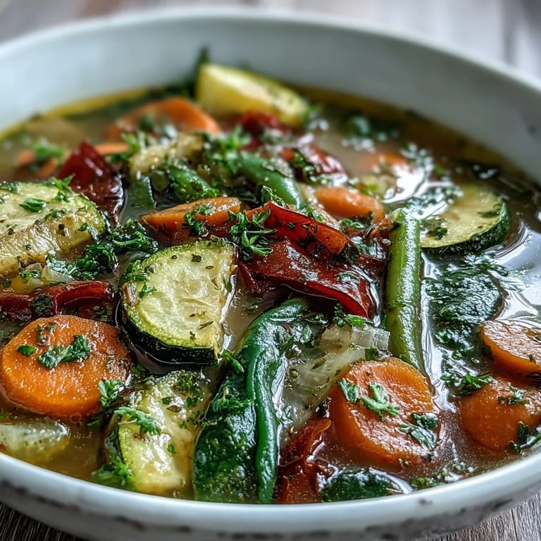 A close-up of Italian Herb Vegetable Soup in a rustic bowl, garnished with fresh parsley and Parmesan cheese.