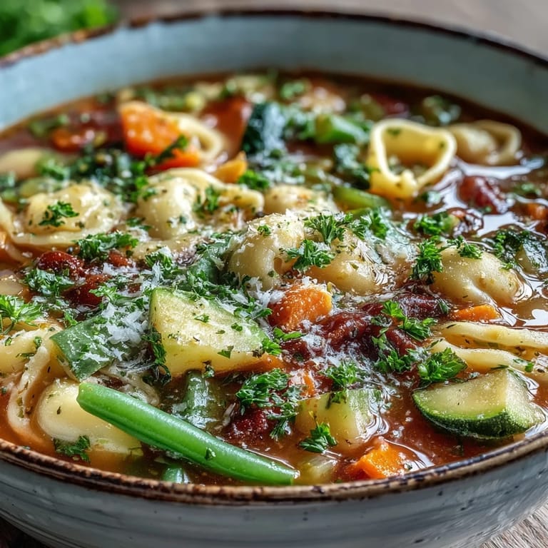 Rustic Italian Vegetable Minestrone simmering in a pot, showcasing diced carrots, zucchini, and cannellini beans in a rich tomato broth.