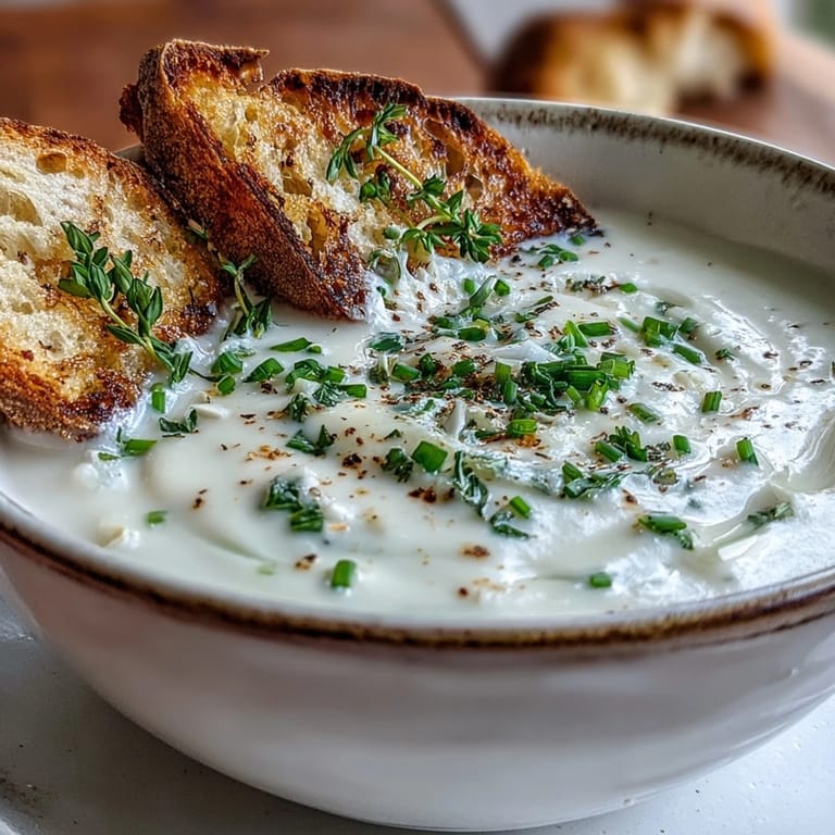 Golden roasted garlic and herb soup simmering in a pot, with chopped vegetables, thyme, and savory steam rising.