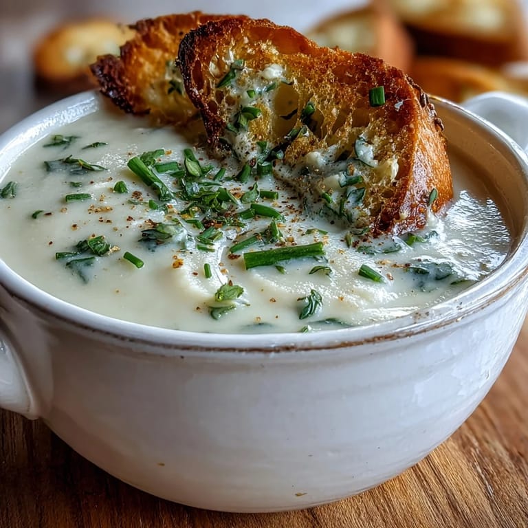 A ladle of roasted garlic and herb soup poured into a bowl, paired with fresh parsley and warm crusty bread.