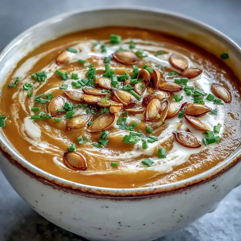 Roasted acorn squash halves and a pot of golden orange soup on a rustic wooden table for a cozy autumn meal.