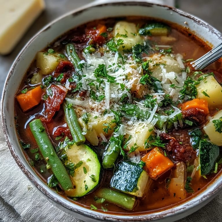 Hearty Parmesan Veggie Soup with colorful vegetables simmering in a pot, ready to be ladled into rustic bowls.