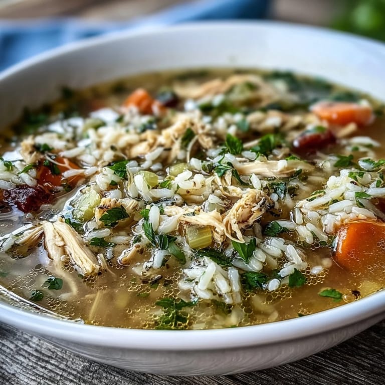 Serving a comforting ladle of Cozy Winter Chicken and Rice Soup alongside toasted artisan bread slices.