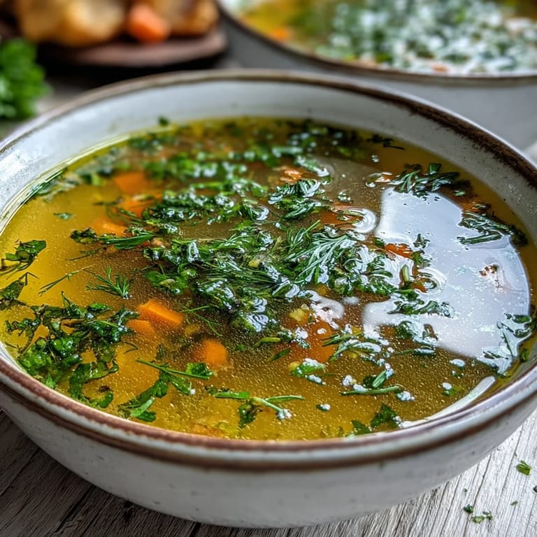 A close-up of Lemon Herb Soup showing tender carrots, celery, and herbs in a savory broth.