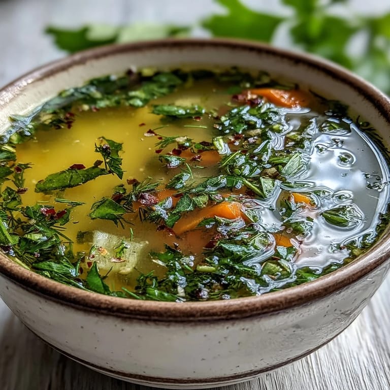 Serving of Lemon Herb Soup with a lemon slice and fresh herbs beside crusty bread.