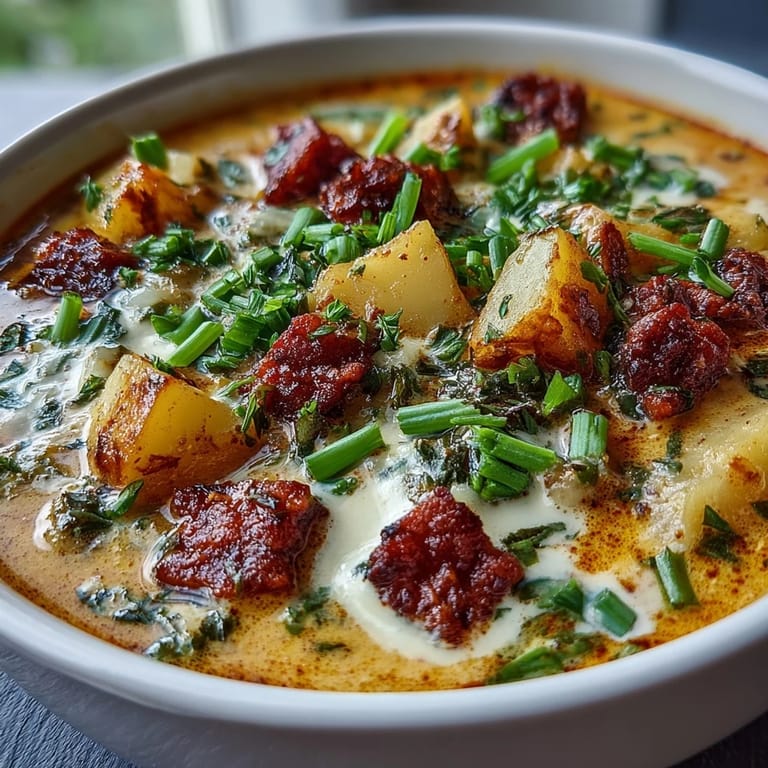 A hearty bowl of Potato, Leek and Chorizo Soup served with crusty bread for dipping into the smoky broth.