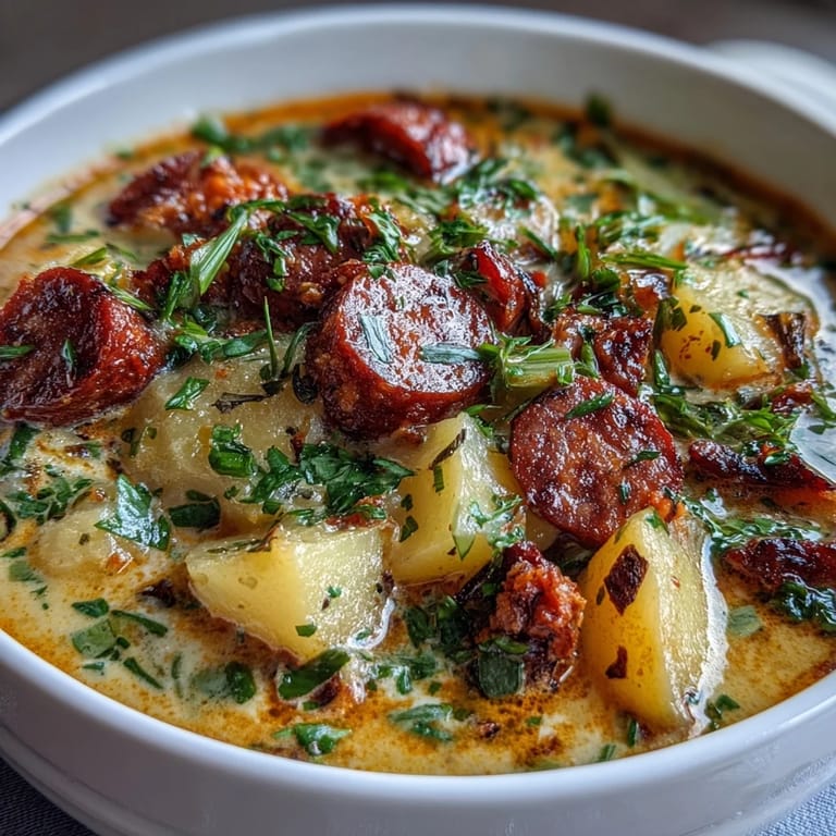 Close-up of vibrant green leeks and tender potatoes in Potato, Leek and Chorizo Soup, garnished with fresh parsley.