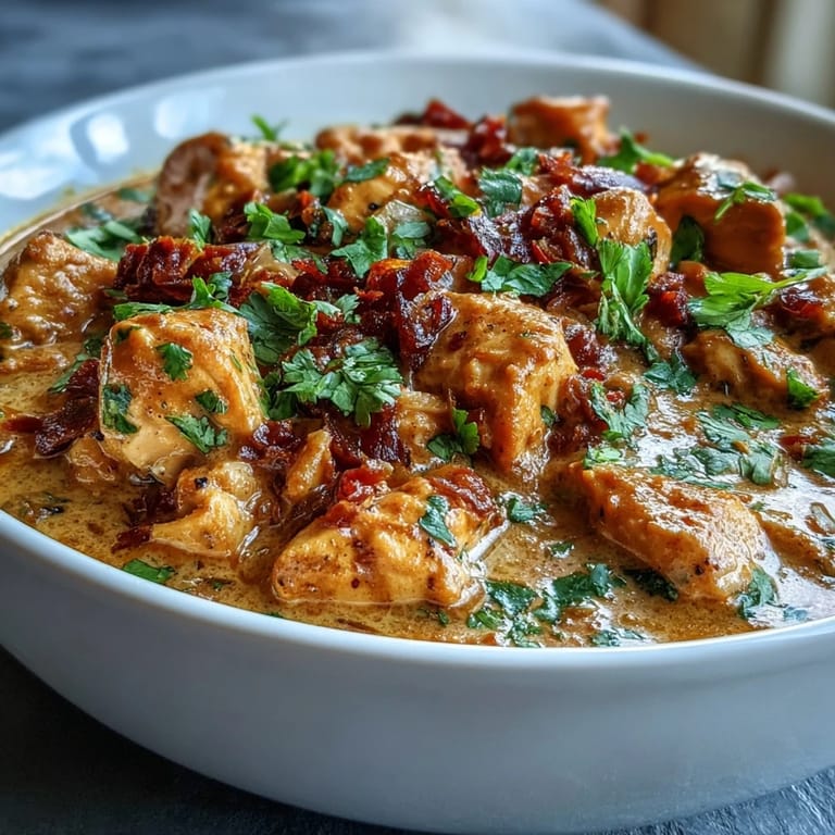 A skillet of vibrant Easy Chicken Curry features tender chicken pieces in a rich, tomato-based gravy.