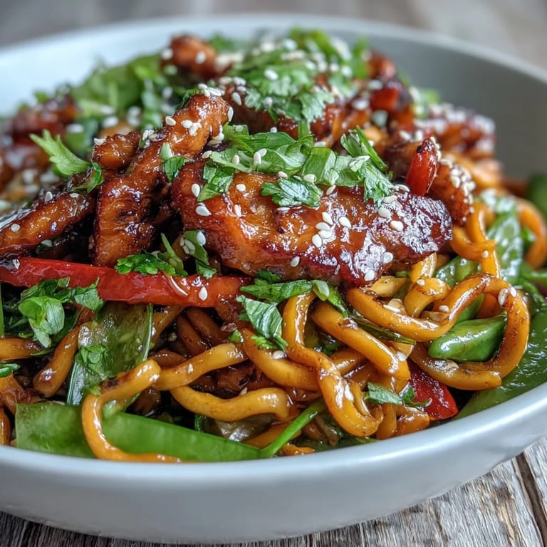 Pork Noodle Stir-Fry plated with vibrant carrots and snap peas, topped with sesame seeds and fresh cilantro leaves.
