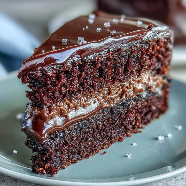 Close-up of Easy Chocolate Fudge Cake with silky-smooth chocolate icing, perfect for celebrations or an indulgent teatime treat.