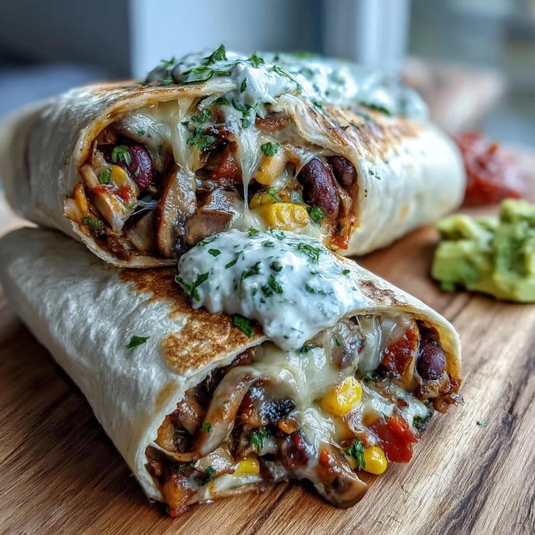 Soft flour tortillas wrapped around seasoned mushroom and corn filling, garnished with cilantro for a zesty vegetarian meal.