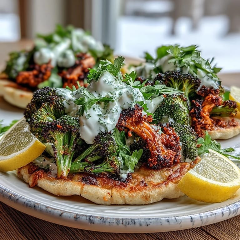 Spicy harissa broccoli and flatbreads, an easy vegetarian dinner garnished with creamy yogurt and vibrant herbs.