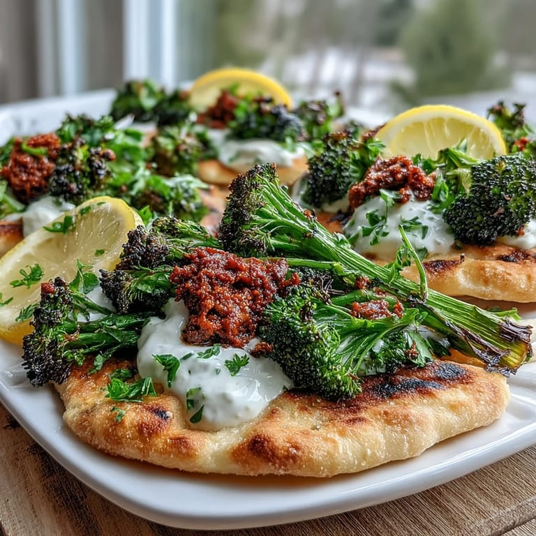 Roasted harissa broccoli with charred edges, served family-style on flatbreads with fresh cilantro and lemon wedges.