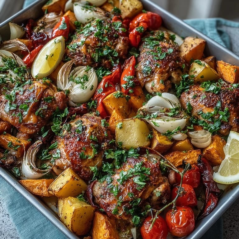 Golden-brown Chicken and Sweet Potato Traybake served with fresh lemon wedges and parsley garnish.