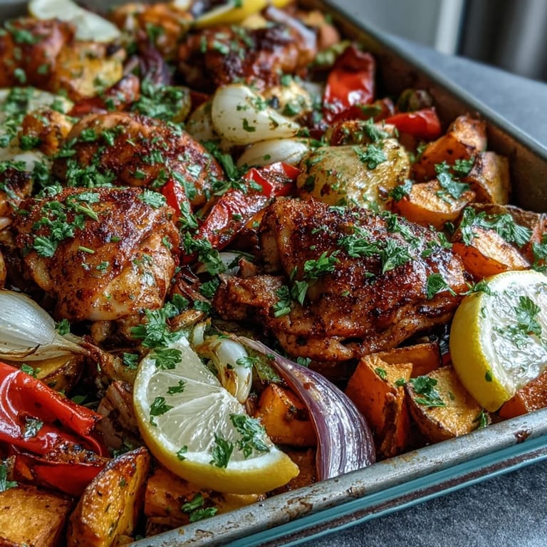 One-pan Chicken and Sweet Potato Traybake with vibrant red peppers, onions, and tomatoes ready to serve.