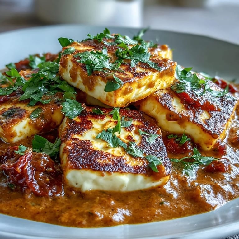 Steaming Creamy Halloumi and Tomato Curry in a skillet, garnished with fresh cilantro leaves.