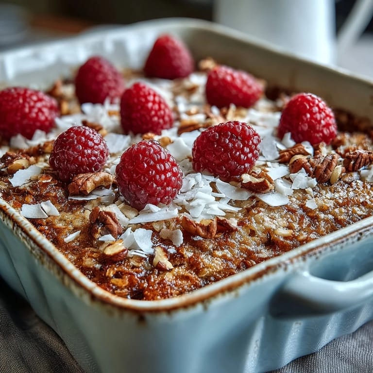 A spatula lifts a slice of vegan Baked Oatmeal with Raspberry and Coconut, showcasing a soft, moist texture for a cozy breakfast.