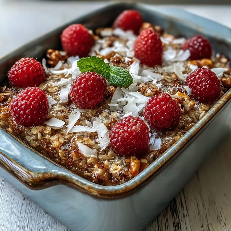 A close-up shot shows warm Baked Oatmeal with Raspberry and Coconut, revealing juicy red fruit and crunchy toasted coconut flakes.