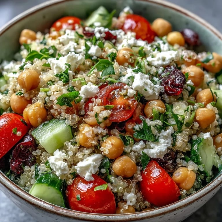 Close-up of High Protein Quinoa & Chickpea Salad showing fluffy quinoa, chickpeas, and vibrant vegetables on a rustic wooden table.