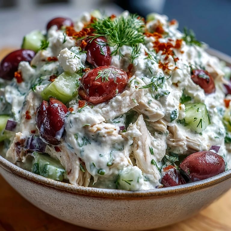 Chilled Tzatziki Chicken Salad mixed with diced red onion and juicy cherry tomatoes, showcasing a creamy, herbaceous dressing ideal for warm-weather dining.