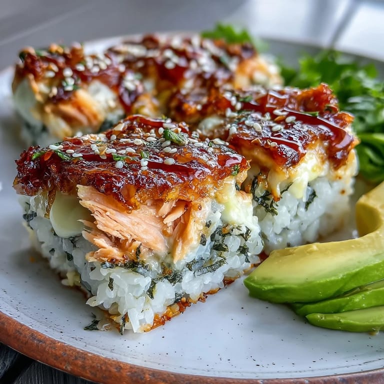 Creamy spicy salmon layered over seasoned sushi rice in a casserole dish, topped with sriracha drizzle and sesame seeds.