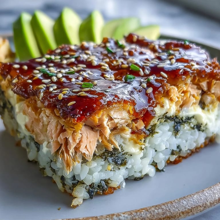 Warm Japanese-American Spicy Salmon Sushi Bake scooped onto seaweed snacks, garnished with fresh green onions and creamy avocado slices.